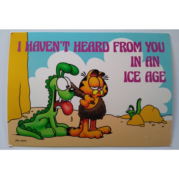 Garfield Cat Postcard Caveman Dog Dinosaur Ice Age Jim Davis 1978 Continental - Picture 1 of 2